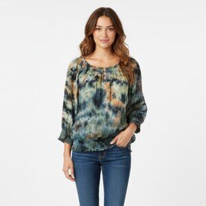 Bashara Lesser Multi Color Tie Dye Round Neck Smocked Detail Pullover Top Large